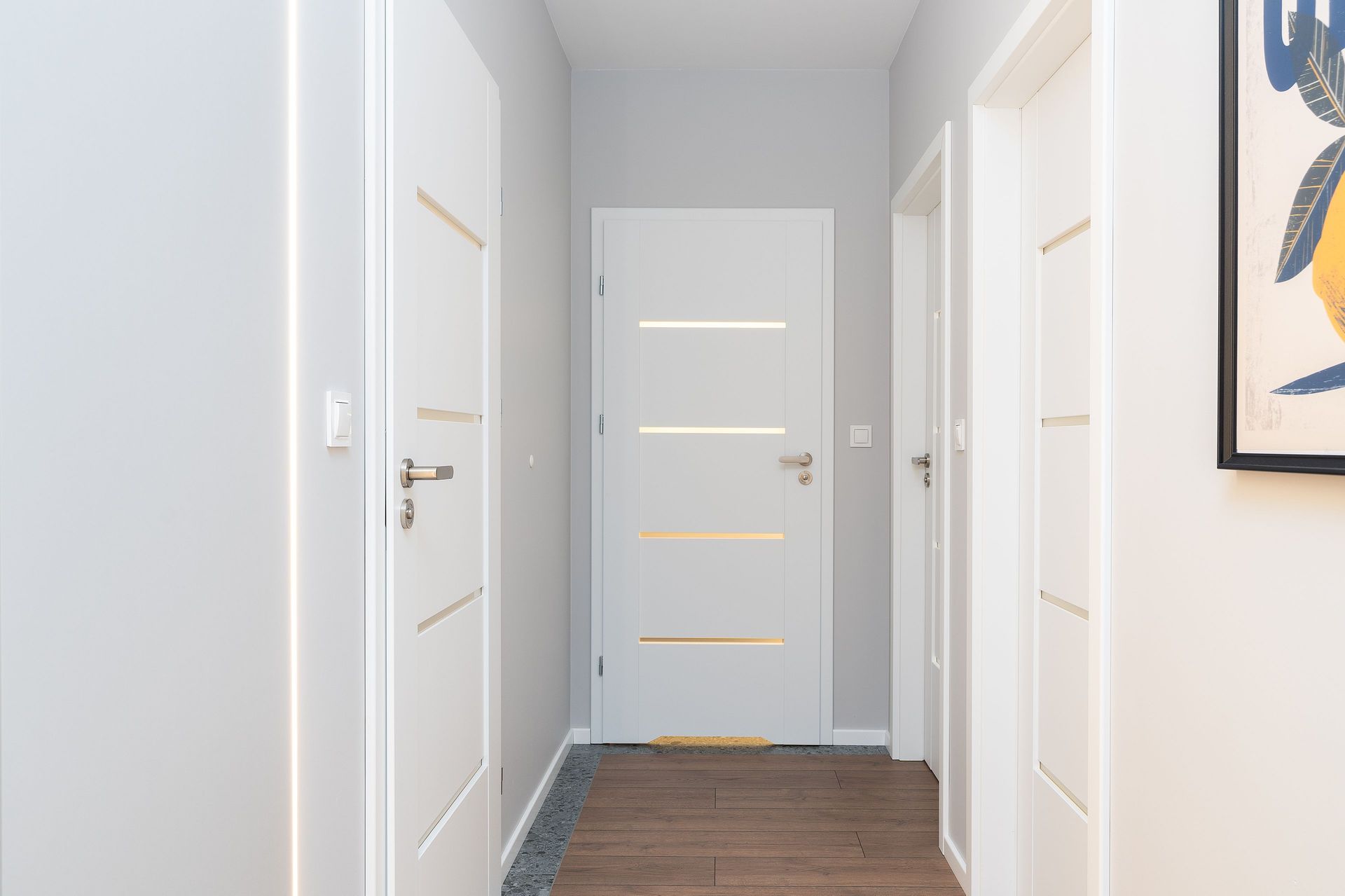 Bright minimalist hallway with white doors and wooden floorboards, perfect for modern interiors.
